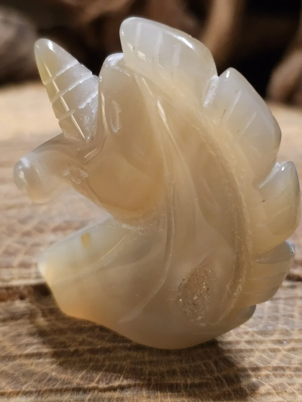 Carved Agate Unicorn Head Figurine in Semi-Translucent Beige With Druzy Crystal